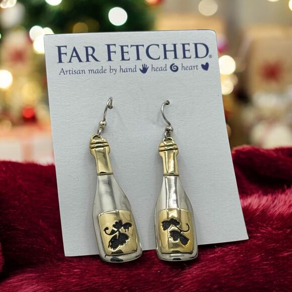 Far Fetched Gold Silver Wine Bottle Earrings Vine Design Cutout Sommelier - Picture 5 of 5